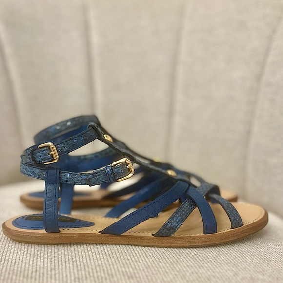 Louis Vuitton 'Ethnic' Flat Sandals Blue LV Python Flat Gladiator Shoes 37 US 7 - Picture 3 of 13